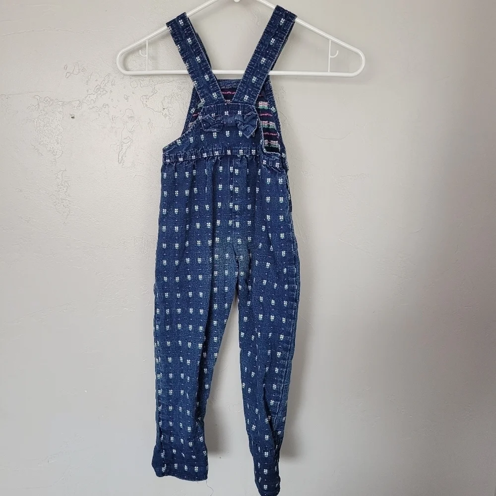 OshKosh B'gosh Vintage Overalls Toddler Girl 4T Blue Denim Embroidered Tulips 90